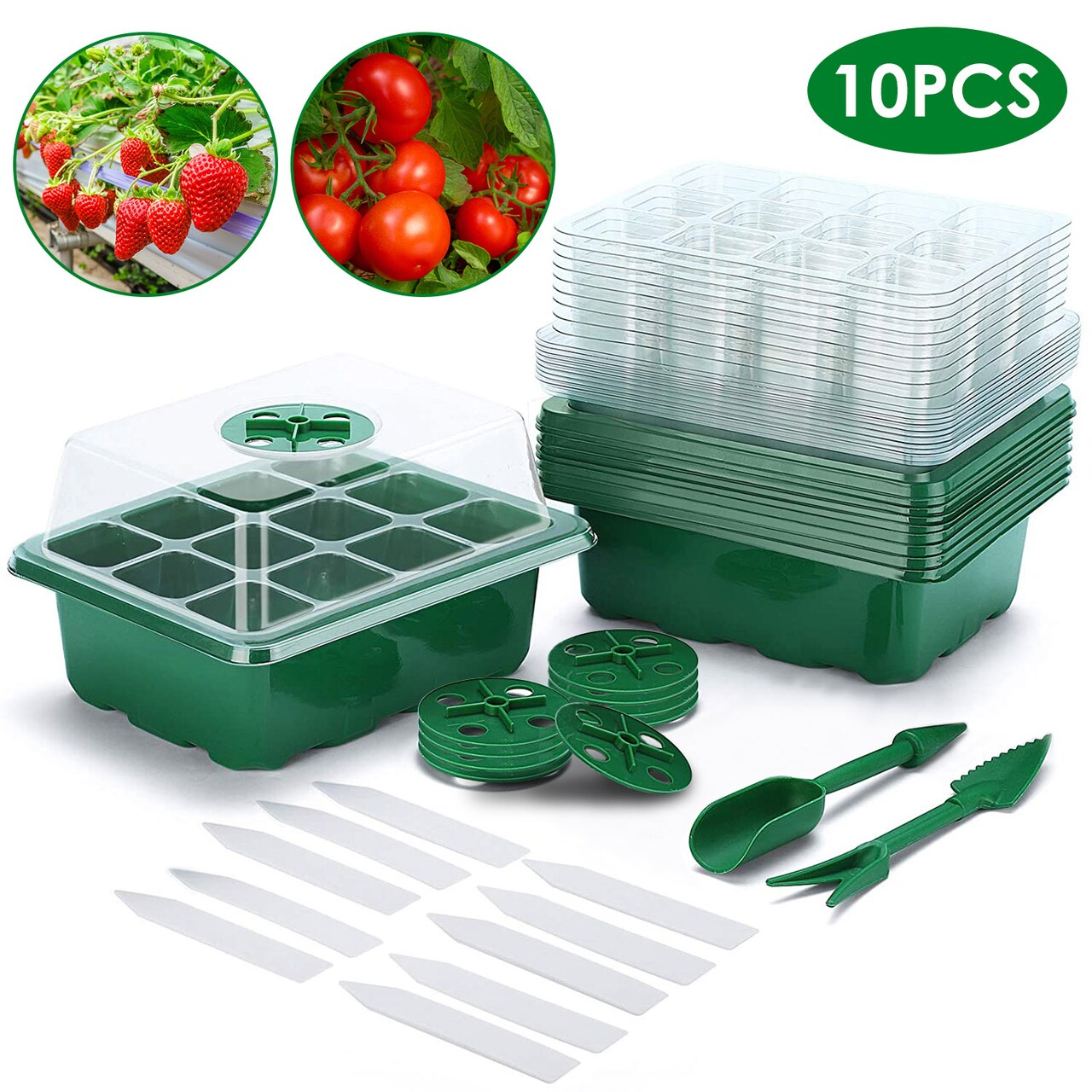10Pcs Green Seed Starter Tray Kit 120 Cells Germination Propagator With Dome